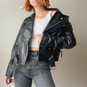 Vintage 1990s FMC Black 100% Leather Moto Biker Belted Jacket